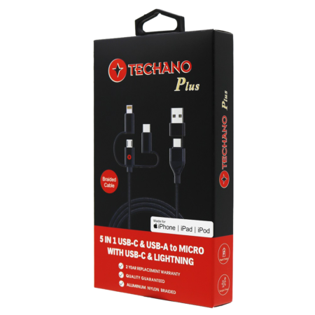 TECHANO 5 IN 1 CABLE TYPE-C | LIGHTNING | MICRO WITH USB-A & USB-C OUTPUT