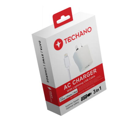 TECHANO AC CHARGER W/ MFI LIGHTNING CABLE 2.1 AMP