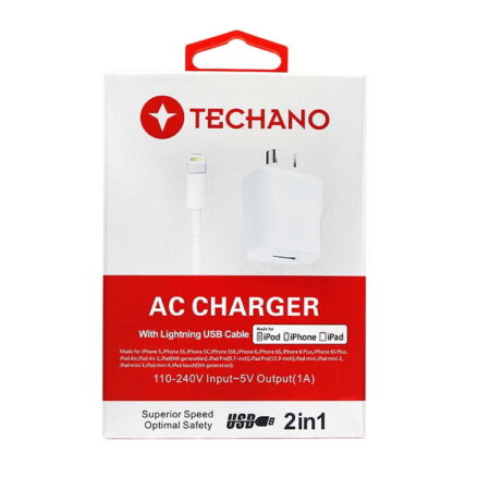 Techano AC Charger With IPhone MFI Lightning Cable 2.1 AMP